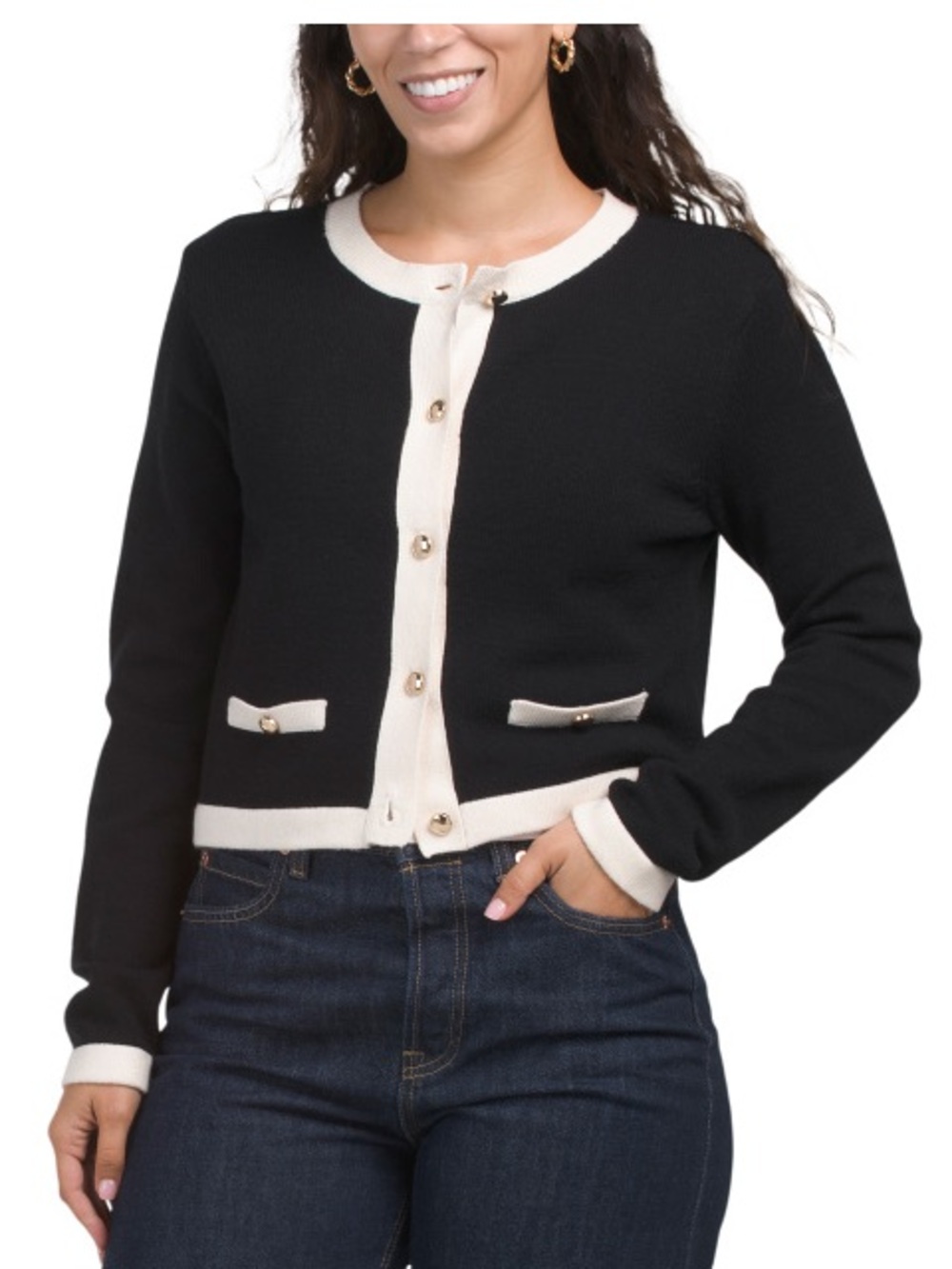 Black and Cream Contrast Trim Women's Cardigan Sweater